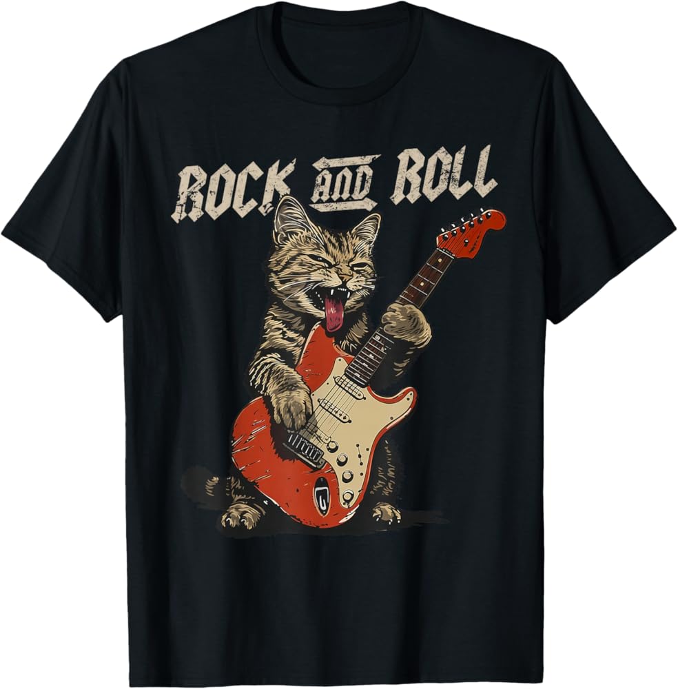Amazon | ロックンロール ギター 猫 ビンテージ ROCK ギタリスト 猫 T